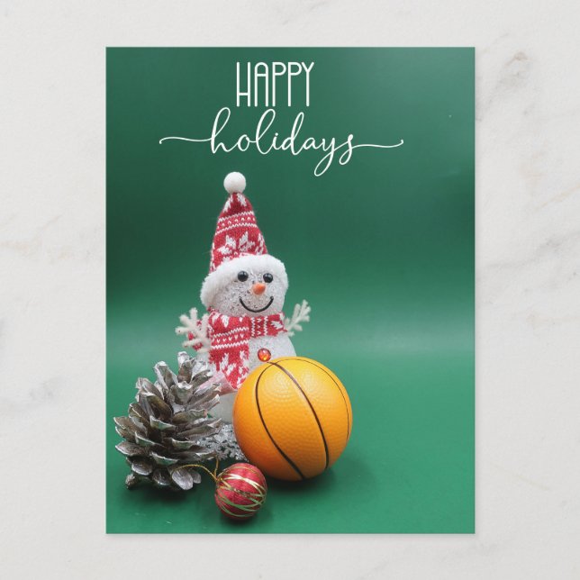 Cartão Postal De Festividades Felizes feriados de basquete com Snowman (Frente)