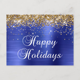 Cartão Postal De Festividades Felizes Feriados Dourados Glittery Faux Blue Foil