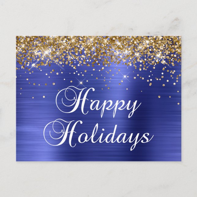 Cartão Postal De Festividades Felizes Feriados Dourados Glittery Faux Blue Foil (Frente)