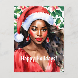 Cartão Postal De Festividades Felizes Férias Negras Mulher Santa Hat