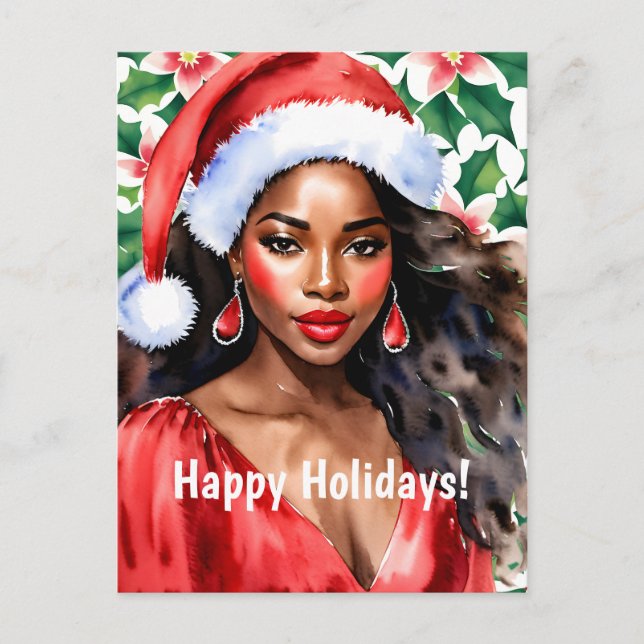 Cartão Postal De Festividades Felizes Férias Negras Mulher Santa Hat (Frente)