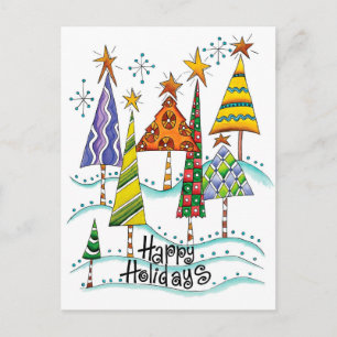 Cartão Postal De Festividades Felizes Festas! Árvores de Natal Fofo com Estrelas