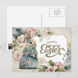 Cartão Postal De Festividades Felz pascoa. Coelhinho Bonito E Moçado