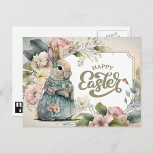 Cartão Postal De Festividades Felz pascoa. Coelhinho Bonito E Moçado