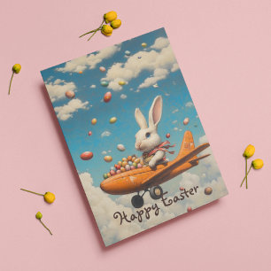 Cartão Postal De Festividades Felz pascoa, coelho da Páscoa voando com ovos