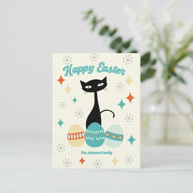 Cartão Postal De Festividades Felz pascoa, Era Atômica, Gato Moderno Meio século (Em pé/Frente)