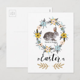Cartão Postal De Festividades Felz pascoa. Flores de Coelhinhos e Molas de Pásco