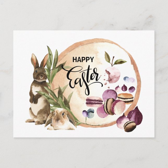 Cartão Postal De Festividades Felz pascoa | Macaroons Bunnies com Primavera (Frente)
