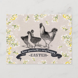 Cartão Postal De Festividades Felz pascoa. Páscoa Vintage Rooster & Hens