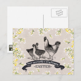 Cartão Postal De Festividades Felz pascoa. Páscoa Vintage Rooster & Hens