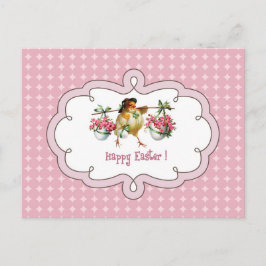 Cartão Postal De Festividades Felz pascoa. Pintinho Vintage com Flores