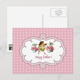 Cartão Postal De Festividades Felz pascoa. Pintinho Vintage com Flores