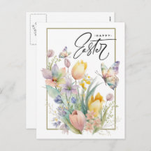 Felz pascoa. Tulipas de Aquarela e Borboleta
