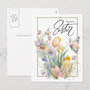 Cartão Postal De Festividades Felz pascoa. Tulipas de Aquarela e Borboleta