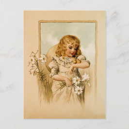 Cartão Postal De Festividades Felz pascoa Vintage, garota e pintinhos