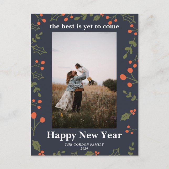 Cartão Postal De Festividades Feriado Botânico de Ano Novo Holly Moderno (Frente)