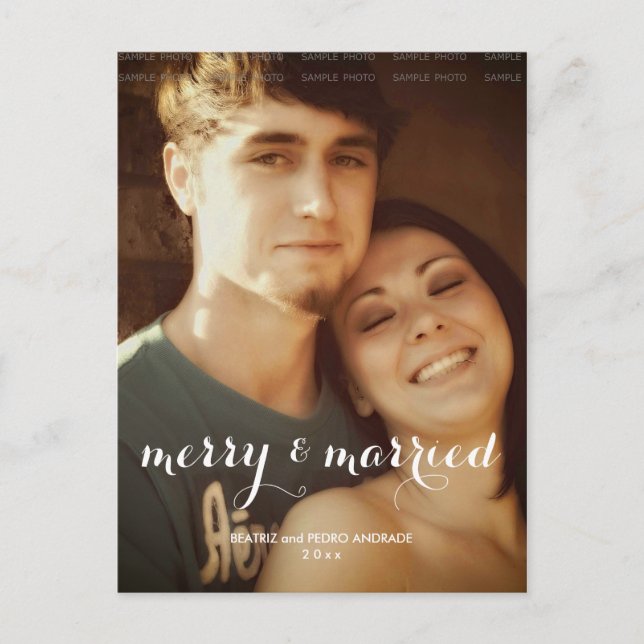 Cartão Postal De Festividades Feriado Branco de Foto de Natal Casado da feliz (Frente)