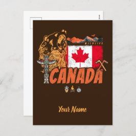 Cartão Postal De Festividades Feriado De Bandeira E Urso Grizzly No Canadá