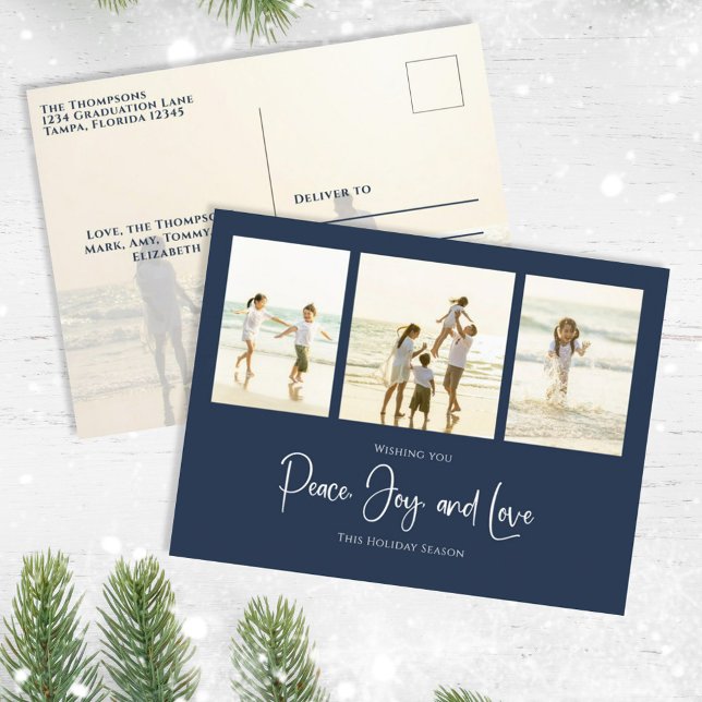 Cartão Postal De Festividades Feriado Joy Love Elegante Snowflakes 4 Foto (Christmas holiday simple photo postcard template with an elegant navy blue design. )