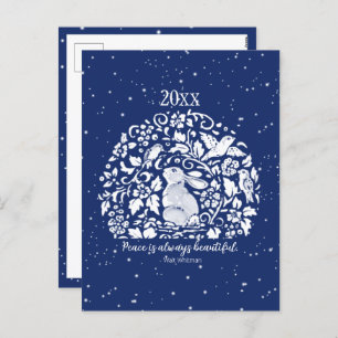 Cartão Postal De Festividades Feriado Natal Rabbit Azul Ano Branco da Paz
