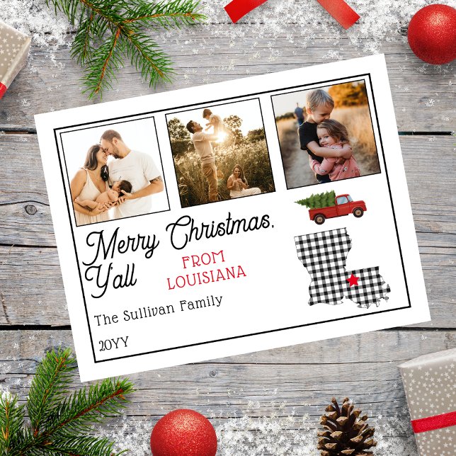 Cartão Postal De Festividades Feriado Rustic Felry Christmas Louisiana (Rustic "Merry Christmas Y'all from Louisiana" Three Photo and State Holiday Postcard)