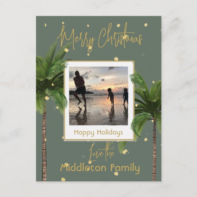 Cartão Postal De Festividades Feriado Tropical Dourado da Família Natal (Frente)
