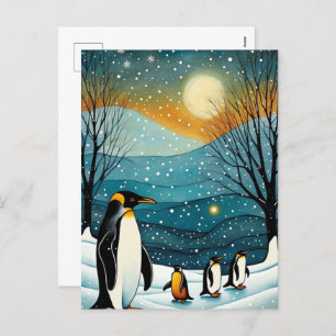 Cartão Postal De Festividades Feriados de Natal em Pinguim Noturno de Neve