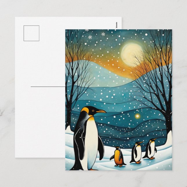 Cartão Postal De Festividades Feriados de Natal em Pinguim Noturno de Neve (Frente/Verso)