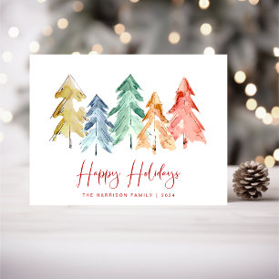 Cartão Postal De Festividades Feriados Felizes Árvores de Aquarelas Mínimas Mo