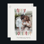 Cartão Postal De Festividades Feriados felizes Coloridos Casuais Desvanecidos Fo<br><div class="desc">Este cartão postal de feriado verde, colorido e feliz, desbotado, é perfeito para sua saudação divertida, criativa e brilhante. É uma fonte única, divertida e moderna em vermelho, boho bronzeado, e verde claro e escuro, que faz um feliz sentimento sazonal. Se você está querendo iluminar o inverno escuro de seus...</div>
