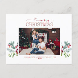 Cartão Postal De Festividades Feriados Greenery Foto Rosa Dourado Feliz Natal