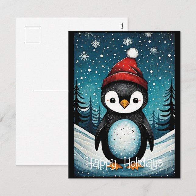 Cartão Postal De Festividades Férias de Natal dos Papais noeis Pinguins de inver (Frente/Verso)