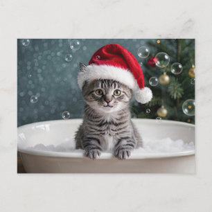 Cartão Postal De Festividades Férias de Natal Gatinho Fofo em Banho de Espuma 