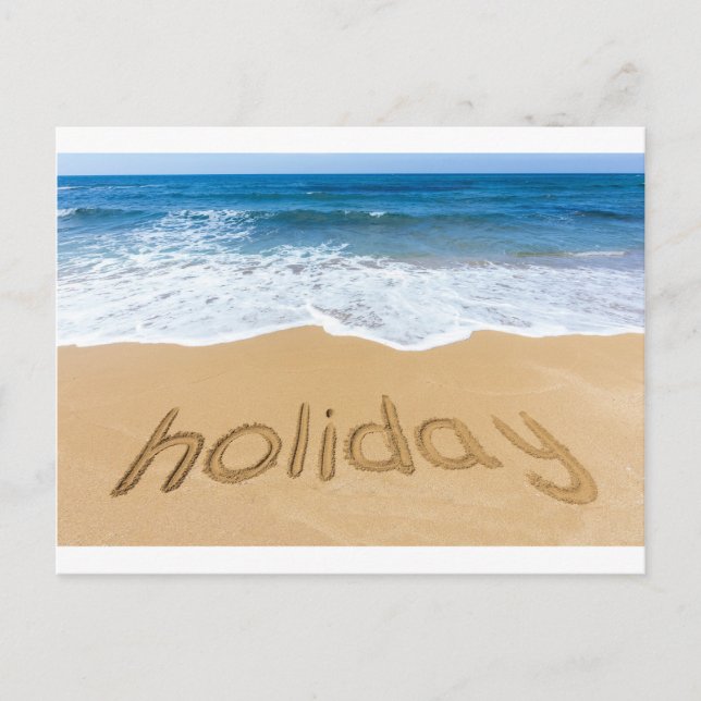 Cartão Postal De Festividades Férias de palavras escritas na areia na praia (Frente)