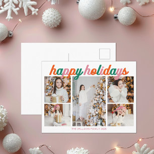 Cartão Postal De Festividades Férias Felizes 5 Colagem de Fotos Rosa Laranja Ret