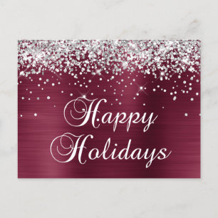 Cartão Postal De Festividades Férias Felizes Brilho Prata Vermelho Burgundy Foil