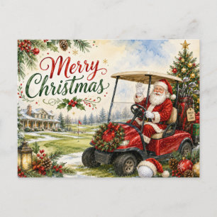 Cartão Postal De Festividades Festa de Natal de golfe no par com Papai Noel 