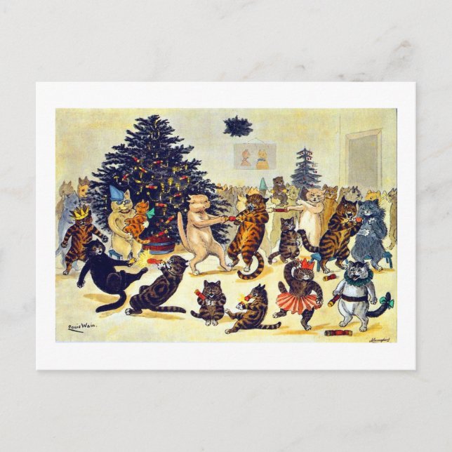 Cartão Postal De Festividades Festa de Natal do Gato, Louis Wain (Frente)