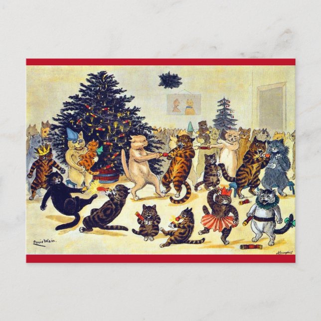 Cartão Postal De Festividades Festa de Natal do Gato, Louis Wain (Frente)