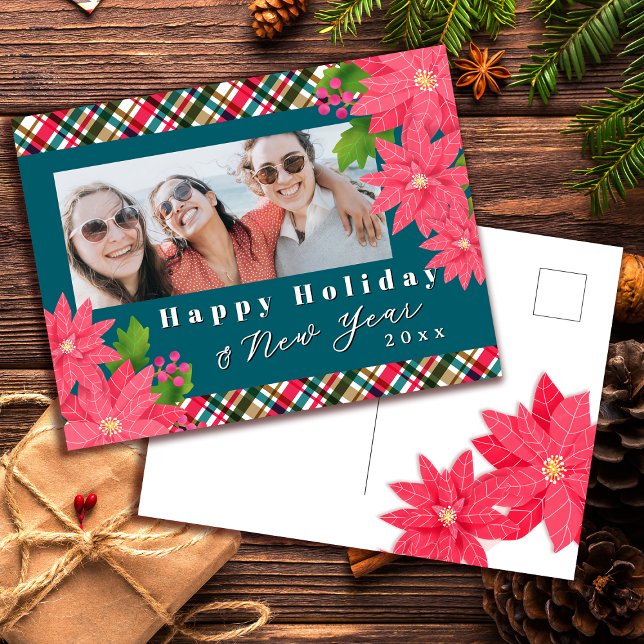 Cartão Postal De Festividades Festa Feliz Ano Novo Foto Poinsettia Azul Turquesa (Criador carregado)