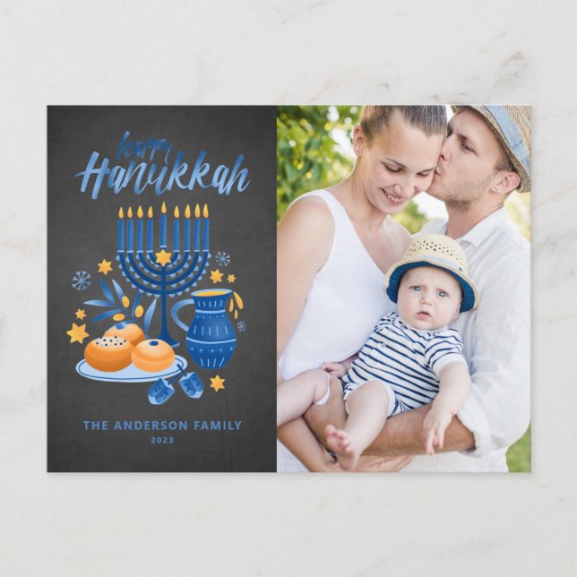 Cartão Postal De Festividades Festival Menorah Chalkboard Happy Hanukkah Foto (Frente)