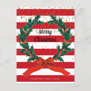 Cartão Postal De Festividades Festivo de Natal Holly Berries Wreath Stripes