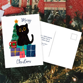 Cartão Postal De Festividades Festivo Feliz Natal Gato Negro Bonito Arte Café