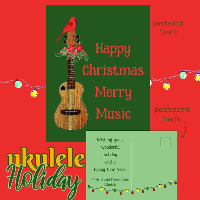 Cartão Postal De Festividades Festivo Ukulele Feliz Música de Feliz de Natal (Criador carregado)