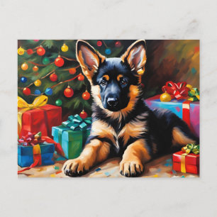 Cartão Postal De Festividades Filhote de Pastor Alemão, Árvore de Natal, Present