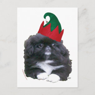 Cartão Postal De Festividades Filhote de Pequim Elfo Natal