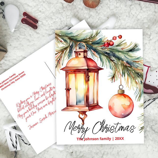 Cartão Postal De Festividades Filiação de pinheiro da Lanterna de Natal e Holly  (Criador carregado)