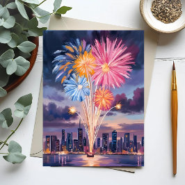 Cartão Postal De Festividades Firework Show | New Year’s Eve Watercolor