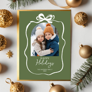 Cartão Postal De Festividades Fita de Arco de Foto de Natal Verde Desenhada à Mã