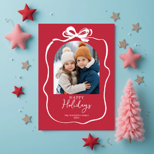 Cartão Postal De Festividades Fita de Arco de Foto de Natal Vermelho Desenhada à
